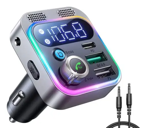 Produktbild: JOYROOM Aux Bluetooth Adapter Auto, 48W Bluetooth 5.3 FM Transmitter KFZ Radio (Dual-Mikrofone & HiFi Bass) Music Player, AUX-Anschluss & USB-Stick
