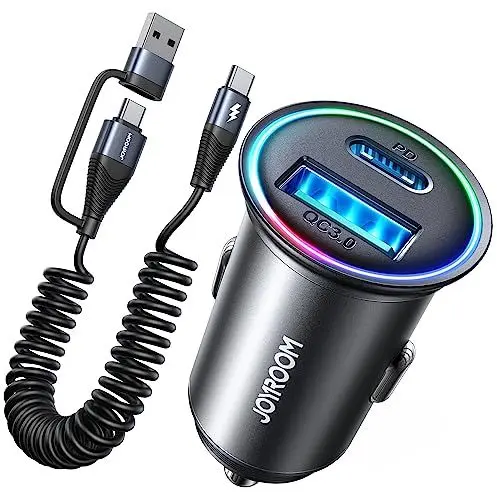 Produktbild: JOYROOM Zigarettenanzünder USB C Adapter 60W PD&QC 3.0 Mini Metall Auto Ladegerät mit 1.5M USB/C zu C Kabel KFZ Ladegerät USB C mit LED-Licht für iPhone 14 13 12 Pro Max, Samsung, iPad, AirPods