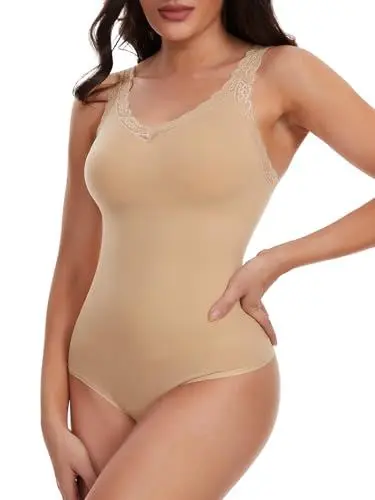 Produktbild: Joyshaper Damen Body Bauchweg Shapewear Bodysuit Spitzen V-Ausschnitt Bodysuit Top Formende Miederbody Beige XXL