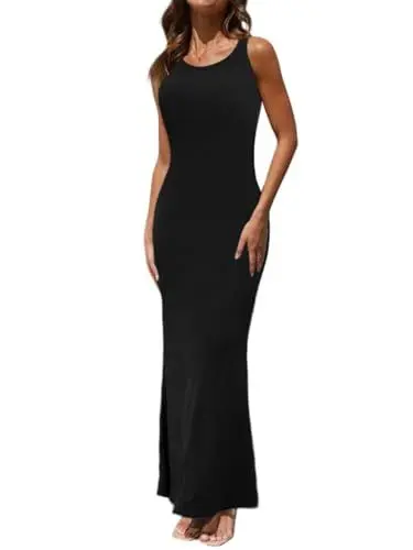 Produktbild: Joyshaper Damen Maxikleid Lange Kleid Enges Bodycon Cami Tank Kleider Ärmellos Neckholder Figurbetontes Damenkleid Schwarz,M