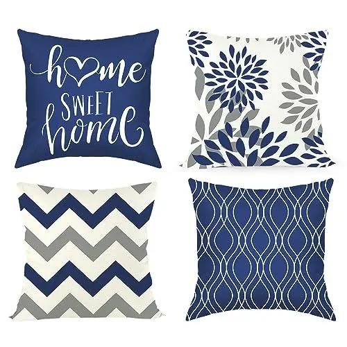 Produktbild: Joyshare Kissenbezug 40x40 4er Set,Dekorative Sofakissen Kissenbezüge Leinen,Home Sweet Home Blau Kissenhülle mit Verstecktem Reissverschluss,45×45cm Blau