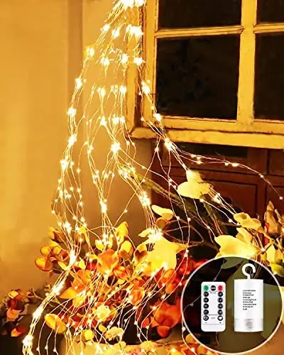 Produktbild: Joysing Lichterschweif 2M 200 LED Lichterschweif mit Batterie und Timer, Fernbedienung,8 Modi Lichterkette Wasserfall Wasserdichte lichterbündel Weihnachtsbeleuchtung für Innen Außen - Warmweiß