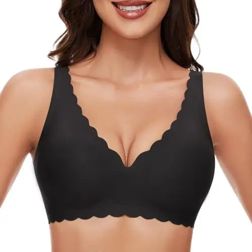 Produktbild: JOYTREE Soft BH Damen Ohne Bügel mit tiefem V-Ausschnitt Bequemer Seamless Tshirt Bügelloser BHS Minimizer Klassische Bustier Nahtloser Bra mit zusätzlicher Verlängerung - Schwarz L