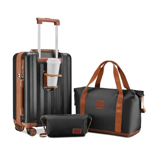 Produktbild: Joyway Koffer Handgepäck Kofferset, Hartschalen Reisekoffer mit Getränkehalter, 4 Rollen TSA-Schloss Der Koffer Enthält 1 Reisetasche und 1 Kulturbeutel, Schwarz Braun