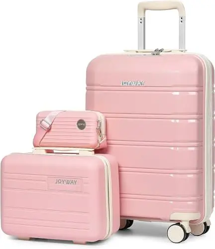 Produktbild: Joyway Kofferset 3 Teilig Hartschale mit 4 Rollen und TSA-Schloss Der Gepäcksets Enthält 1 Kosmetikkoffer und 1 Tragbare Tasche Rosa/Weiß