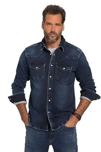 Produktbild: JP 1880 Herren Jeanshemd, FLEXNAMIC, Langarm, Kentkragen, Modern Basic Fit, Western Look Hemden, Blue Denim, 8X-Large