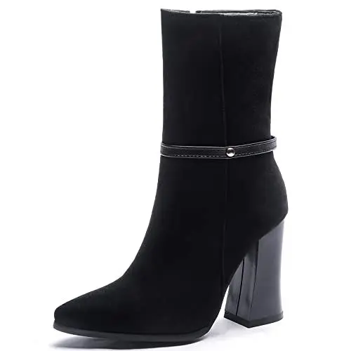 Produktbild: JR.catning Blockabsatz Stiefeletten Damen Mode Leopart Party Stiefeletten Pointed Toe Winterstiefel Mit Schnalle Schwarz Gr 39 EU/40Cn