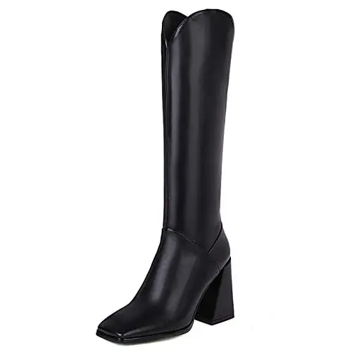 Produktbild: JR.catning Damen Blockabsatz Kniestiefel Damen Square Toe Hohe Stiefel Damen Reißverschluss Mitte Absatz Hohe Stiefel Schwarz Gr 39 EU/40Cn