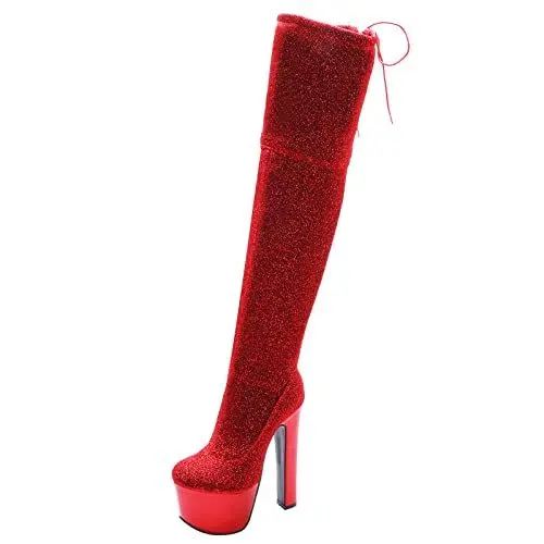 Produktbild: JR.catning Damen High Blockabsatz Overknees Stiefel Damen Mode Glitzer Party Overknees Boots Höhe Ferse Plateau Side Reißverschluss Oberschenkel Boots Rot Gr 44 EU/46Cn