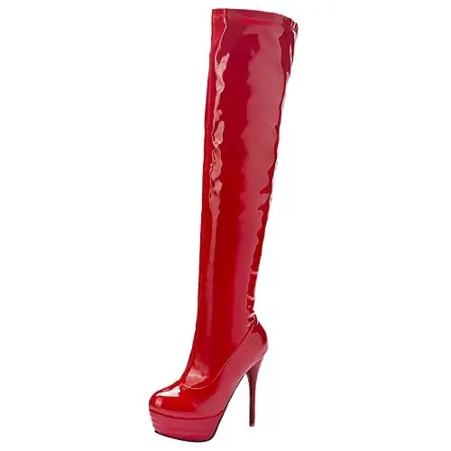 Produktbild: JR.catning Damen Höhe Ferse Overknees Stiefel Runde Zehen Plateau Overknees Boots Klassischer Side Reißverschluss Kniestiefel Damen Mode Winter Party Oberschenkel Boots Rot Gr 41 EU/43Cn
