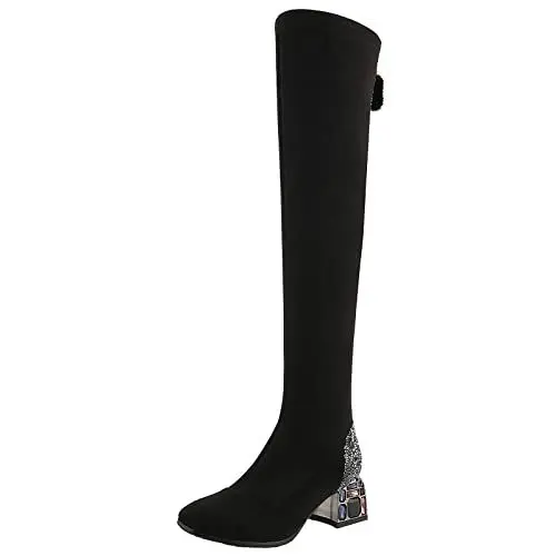 Produktbild: JR.catning Damen Overknees Stiefel Runde Zehen Ohne Verschluss Overknees Boots Blockabsatz Kniestiefel Damen Mode Strass Abend Oberschenkel Boots Schwarz Gr 41 EU/43Cn