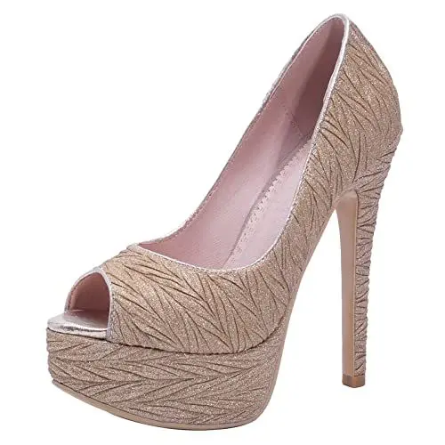 Produktbild: JR.catning Damen Peep-Toe Pumps Schuhe Höhe Ferse Plateau Abend Schuhe Ohne Verschluss Pumps Schuhe Gold Gr 36 Eu