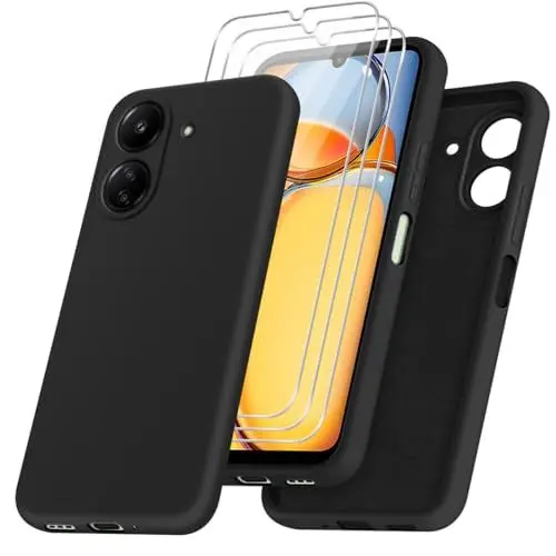 Produktbild: jrester Hülle kompatibel mit Xiaomi Redmi 13C 4G / Xiaomi Poco C65, Schwarz Weich Silikon Handyhülle Schutzhülle mit DREI Gehärtetes Glas Schutzfolie Displayschutzfolie