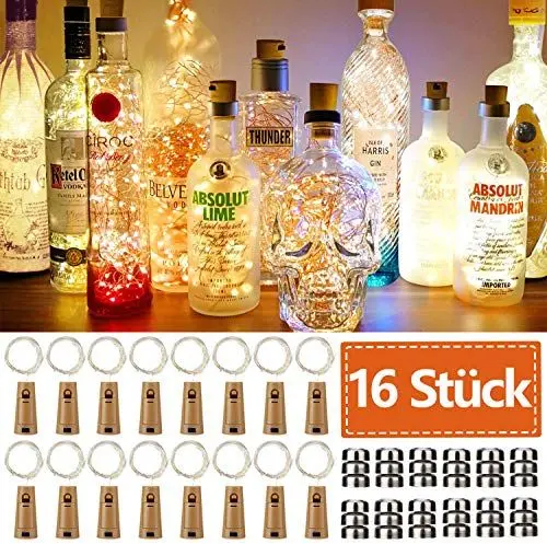 Produktbild: JRing 16 Stück Flaschen-Licht 20 LEDs 2M Flaschenlicht Warmweiß Lichterkette korken Stimmungslichter Weinflasche Nacht Licht für Flasche DIY, Party, Garten, Weihnachten, Halloween, Hochzeit Deko