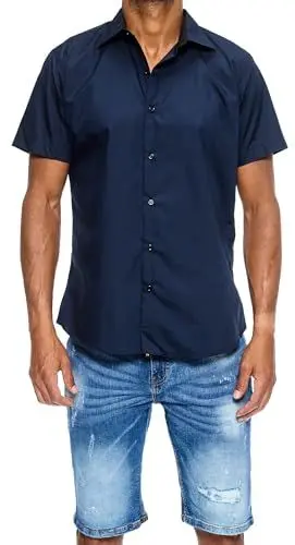 Produktbild: J'S FASHION Herren-Hemd - Slim-Fit - Kurzarm-Hemd Freizeithemd - Bügelleicht - Dunkelblau M