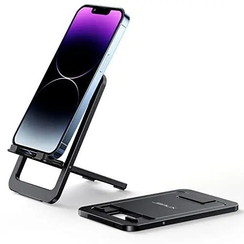 Produktbild: JSAUX Handy Ständer, Faltbarer Aluminium Handyhalterung Tisch Tragbar Handy Halterung Dicker-Hülle-freundlich Kompatibel mit iPhone 16 15 14 13 12 Pro Max Samsung S25 S24 S23 Kindle-Schwarz