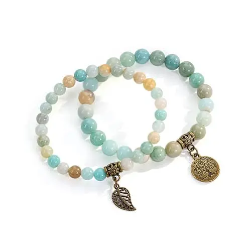 Produktbild: JSDDE Chakra Armband aus Echten Steinen, Heilsteine Edelsteine, Wickelarmband Mehrschichtiges Set, Damen Schmuck Mit Lebensbaum Anhänger, für Frauen Schwester (Amazonit)