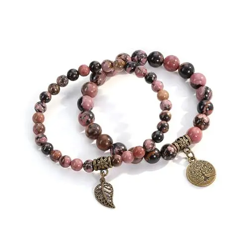 Produktbild: JSDDE Chakra Armband aus echte Steine, Heilsteine Edelsteine Armband, Wickelarmband Mehrschichtiges Armbänder Set, Damen Armband mit Lebensbaum Anhänger, Armband für Damen Frauen Schwester (Rhodonit)