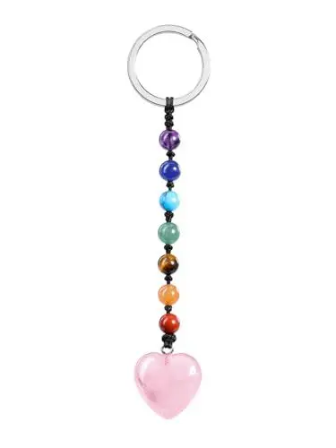 Produktbild: JSDDE Chakra Perlen Schlüsselanhänger mit Herz Anhänger, Edelsteine Herz Schlüsselanhänger für Damen Frauen, Heilsteine Spirituelle Taschenanhänger, Glückbringer Schmuck (Rosenquarz)