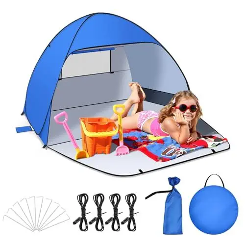 Produktbild: Jsdoin Strandmuschel Pop Up mit UV SchutzPop UpZelt Strandzelt,Koffertauglich Zelt für L (2-3) Personen/XL (3-4) Personen inkd. Wurfzelt Beach Tent für Camping Garten Familien mit Tragetasche