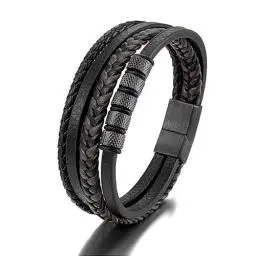 Produktbild: JSNOM Armband Herren Lederarmband Geschenke: Geflochten Leder Weihnachten Vatertag Valentinstag Geburtstagsgeschenk Liebesgeschenke Schmuck Geschenk für Freund Ehemann Papa Männer (23CM, Schwarz)