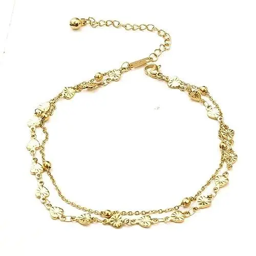 Produktbild: JSNOM Fußkettchen für Damen Herz Layered: Fußkettchen Verstellbar Doppelte Stabil, Geschenk Fußkette Fussketten für Mädchen Tochter Freundin Frauen (Gold)