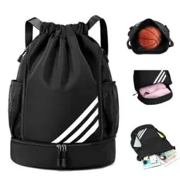 Produktbild: JSNOM Turnbeutel Sportbeutel Damen Herren: Rucksack Beutel Kordelzug Wasserdicht Großer mit Aussentasche Reißverschluß Innentasche für Teenager Jungen Mädchen (Schwarz)