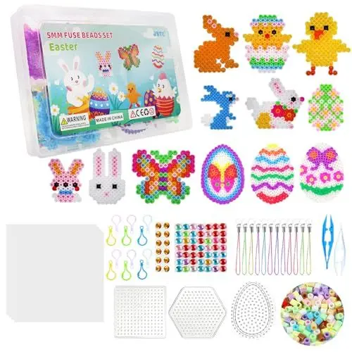 Produktbild: JSTC Bügelperlen Ostern Platten Set, 5mm Steckperlen Basteln mit 12 Muster Vorlagen Ei Hase, 3 Steckplatte, 12 Anhänger, 4 Bügelpapier und Zubehör für Ostereier Deko Kinder Jungen Mädchen Geschenk.
