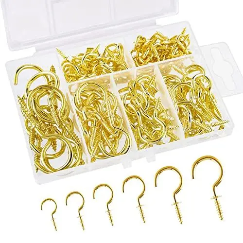 Produktbild: JSUOEO Decke Haken Cup, 130 Stück Haken Schraubhaken Edelstahl Hakenschraube Multi-Größe Cup Haken Deckenhaken Metall(Golden)