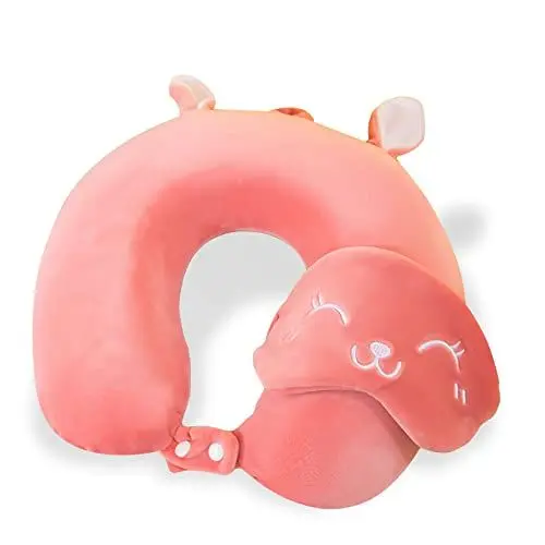 Produktbild: JSUOEO Reisekissen, Verstellbares Nackenkissen Memory Foam Nackenhörnchen Maschinenwaschbar Nackenhörnchen mit 3D Schlafmaske Memory Foam Reisekissen Erwachsene (Rosa)