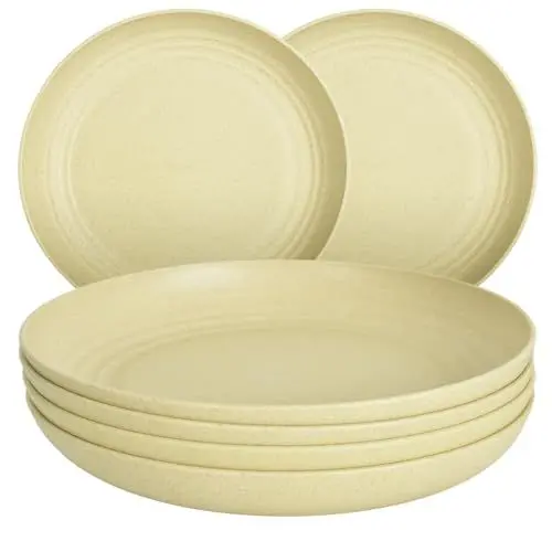 Produktbild: JSYMJSY Tiefe Teller Set, 6Teilig 23cm Speiseteller Bruchfest, Essteller Plastik Mehrweg, Camping Teller, Leicht, Kunststoff BPA-Frei Mikrowellenfest Spülmaschinenfest, Beige