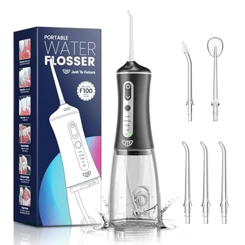 Produktbild: JTF Munddusche Kabellos, 300ML Elektrischer Zahnreiniger Zahndusche Waterflosser 4 Modi & 5 Düsen, USB-C Wiederaufladbare, IPX7 Wasserdicht Testsieger für Zähne, Zahnfleisch und Zahnpflege