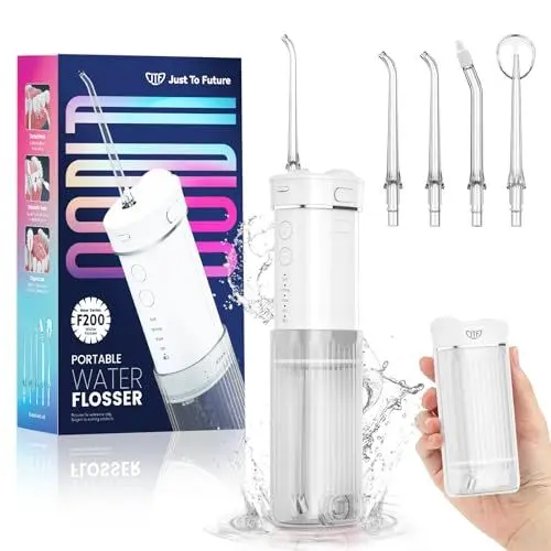 Produktbild: JTF Munddusche Mini, Tragbar Elektrische Zahnreinigung Kabellos, Reise Zahnzwischenraumreiniger mit 5 Ersatzdüsen, 4 Modi Water Flosser, 230ML Versenkbarer Wassertank, IPX7 Wasserdicht (Weiß)