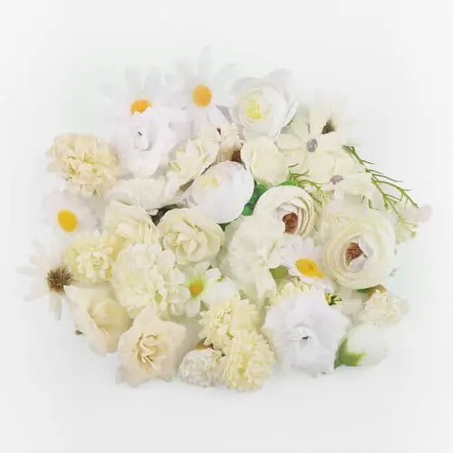 Produktbild: JTgugu 40 Stück Kunstblumen Köpfe Masse 2-6cm Künstliche Blumenköpfe Verschiedene Sorten Blumen Mini Fake Kunstblume Flowers klein Blüten Künstlich Dekoblumen für DIY Tortendeko Handwerk Deko, Weiß