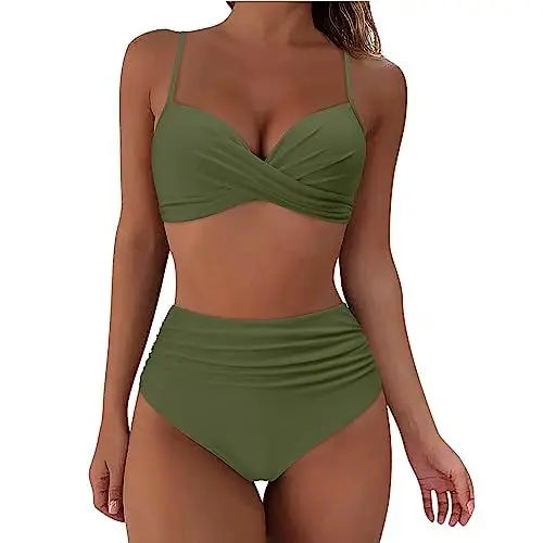 Produktbild: Jtinalay 2024 Bikini Damen Set Bikini Sommer Elegante Trendyol Damen Zweiteiliger Badeanzug Frauen High Waisted Sling Bikini Einfarbig Sexy Badeanzug im Split Stil Armeegrün, L