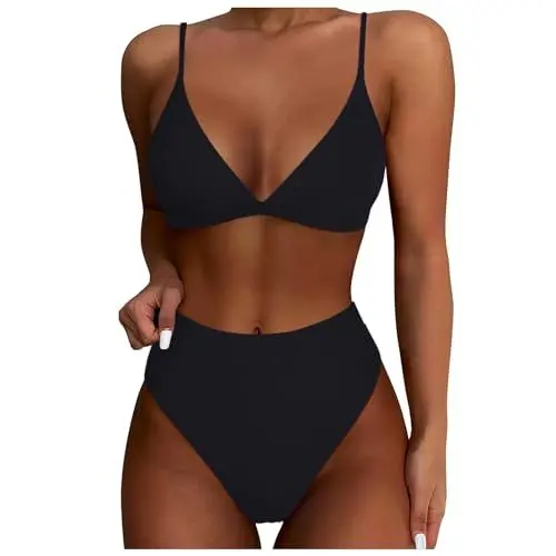 Produktbild: Jtinalay Bikini Damen Sexy Set Bikini Sommer Elegante Trendyol Damen V-Ausschnitt Zweiteiliger Badeanzug Sexy Einfarbige High Waist Push Up Split Triangle Bikini Schwarz, XL