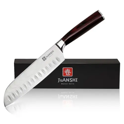 Produktbild: JUANSHI® Santoku Messer, Kochmesser Profi Messer 18 cm klinge- Asiatisches Messer Hochwertiges Edelstahl-Küchenmesser mit Pakkaholzgriff Sushi Messer Sashimi Messer