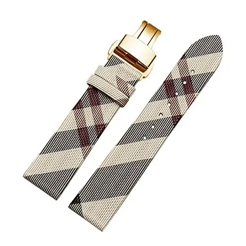 Produktbild: JUANZD Kariertes Musterleder +Pu Riemen 12 14 16 18 20 22 mm schwarzes braunes Armband kompatibel mit Burberry Bu19384 Männer und Frauen beobachten Kette(Rice white gold B,12mm)