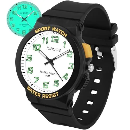 Produktbild: Juboos Armbanduhr Kinder,Kinderuhr Jungen Mädchen Analog Quartz Uhr mit Armbanduhr Licht 50M Wasserdicht Outdoor Sports Jugend Uhr 7-16 (Schwarz und Weiß)