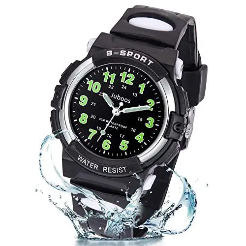 Produktbild: Juboos Kinderuhr Jungen Mädchen Analog Quartz Uhr mit Armbanduhr Kautschuk Wasserdicht Outdoor Sports Uhren-JU-001 (Violet) (Schwarz 01)