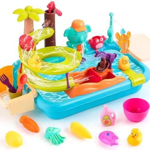 Produktbild: Juboury Küchenspüle Spielzeug Set, kinderwaschbecken mit Wasserhahn, Spielzeugzubehör für die Spielküche, Schwimmendes Angelspielzeug für Das Wasserspiel, Rollenspiel Spielzeug für Mädchen Jungen