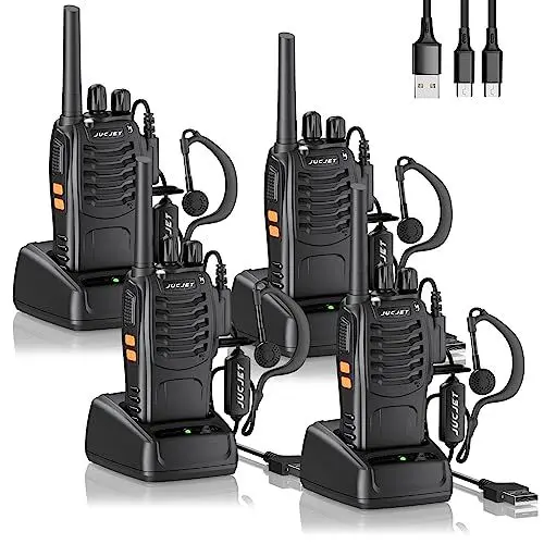 Produktbild: JUCJET 88E Walkie Talkie,Lizenzfrei PMR446 16 Kanäle Funkgeräte,2W Funkempfang 16 Kanäle 3-5 Meile Reichweite Sprechfunkgerä,Mit USB-Ladestation und Headset, (Schwarz, 4 Stück)