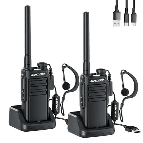 Produktbild: JUCJET EP31 PMR446 Walkie Talkies, IP54 Waterproof Rechargeable Walkie Talkies with NOAA Scanning & Receiving, 2-in-1 TPYE C Charging Cable, mit USB-Ladestation, Original Earpieces.(Schwarz, 2 Stück)