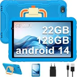 Produktbild: JUEDUR Kinder Tablet 10 Zoll Android 14, 5G WiFi | 22GB+128GB (1TB TF) | Elterliche Kontrolle | 8000 mAh | Octa-Core | 5MP+8MP | mit Kindgerechte Hülle Eva Schutzhülle + 360° drehbarer Bügel -Blau