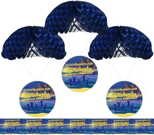 Produktbild: Jugendweihe Deckenhänger Fallschirm 3-Teile Party-Deko 60cm Hängedekoration I Glückwunsch zur Jugendweihe Endlich Erwachsen Jugendfeier blau Gold gelb von Feste Feiern