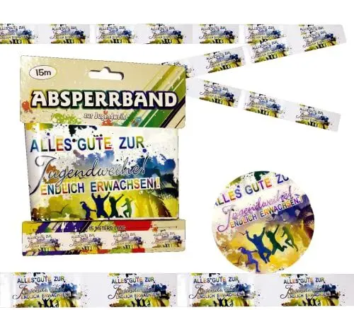 Produktbild: Jugendweihe Deko Absperrband Flatterband Wegweiser I 15 Meter Kunststoffband Outdoor Aufdruck Alles Gute zur Jugendweihe Endlich Erwachsen Jugendfeier bunt Mehrfarbig von Feste Feiern