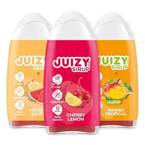 Produktbild: JUIZY WOW Sirup Zuckerfrei | 3 x 65ml Fruity-Mixed - Bis 36L Natürlicher Getränkesirup | Zero Kalorien | Vegan 3er Bundle - Melon Sour, Mango Tropical, Cherry Lemon | More Juice - Less Calories