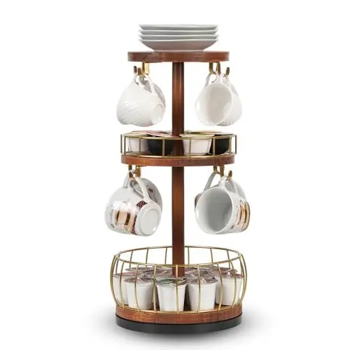 Produktbild: JUJOYBD Tassenhalter Stehend mit Kapselhalter, drehbarer Tassenständer & Aufbewahrungskorb, Espressotassenhalter für 8 Tassen, Tisch Tee Organizer für Küche Esszimmer Kaffeeecke Theke