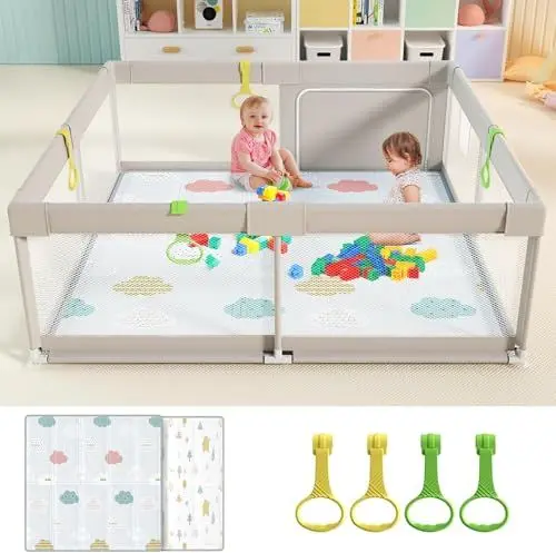 Produktbild: Julrrimg Baby Laufstall mit Matte - 150x150 cm XXL Laufgitter Baby Playpen mit 4 Ringen und AufbewahrungstascheGroß