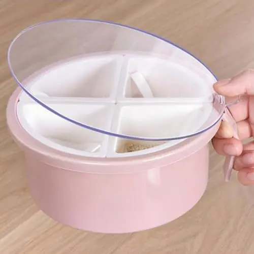 Produktbild: Julyue Gewürzbox mit Deckel und 4 Löffeln, 4 Fächer, Gewürzbehälter mit Griff, Küchengewürzbehälter, Vorratsdosen für Gewürze, Zucker, Salz, Pfeffer(Rosa)